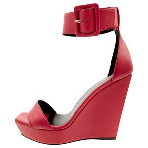 SAINT LAURENT Red Platform Ankle Strap Wedge Sandals